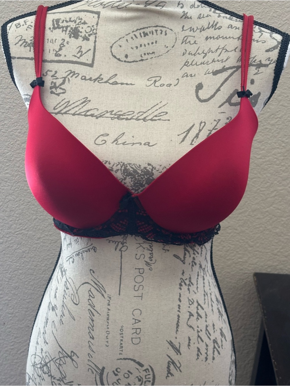 Smooth Red Push-Up Bra with Black Lace Trim